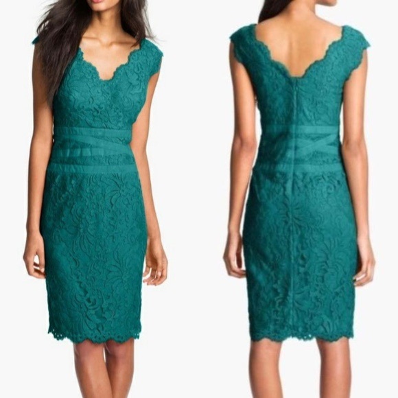Tadashi Shoji Dresses & Skirts - Tadashi Shoji Turquoise Embroidered Lace V-Neck Sheath Dress Size 4P